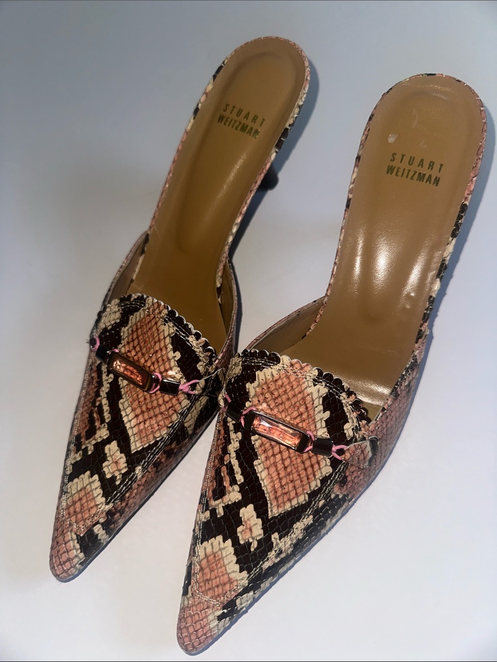 Stuart Weitzman Pink, Black & Cream Snakeskin Pointed Mule with Metal Bar